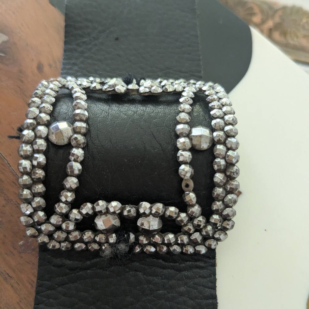 Black Leather Bracelet with vintage 1900's Shoe Clip.